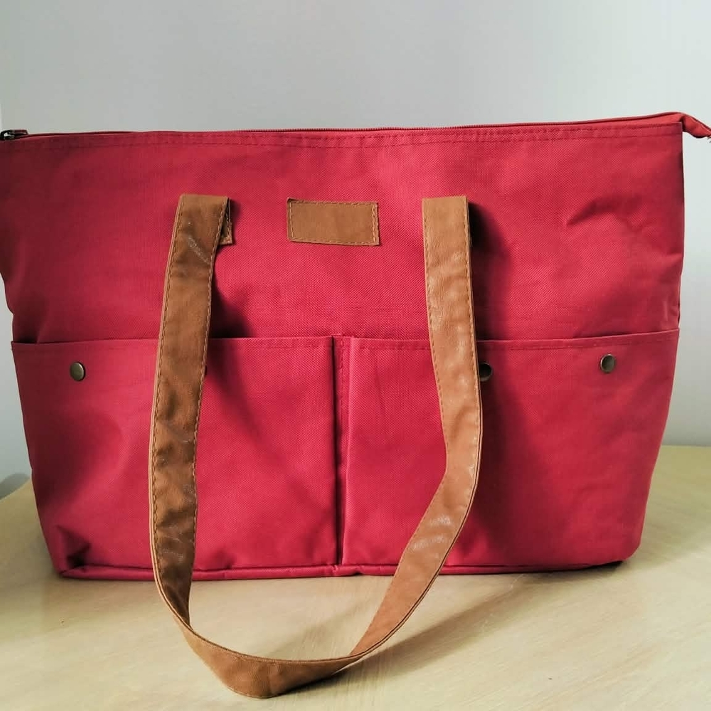 Red Canvas Tote Bag with Tan Straps